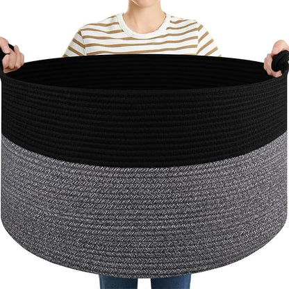 OIASKET Large Blanket Storage Basket for Living Room, 22.8" x 22.8" x 13" Woven Cotton Rope Basket with Handles, Baby Toy Storage, Laundry Hamper for Clothes, Pillows, Towels-Black and Grey