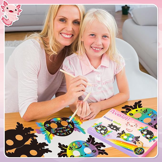 B1ykin 30Pcs Axolotl Scratch Mask Gift Set, DIY Magic Scratch Axolotl Masks Paper Art Craft Kit for Kids, Color Paper Party Favors for Girls Boys Birthday School Classroom Art Activity Project