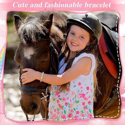 12 Pieces Horse Party Favors Bracelet for Girls Gifts 6 Inch Horse Beaded Bracelet with 12 Small Drawstring Gift Bags Pink Mesh Bags Kids Bracelet for Christmas Wedding Baby Shower Party Supplies