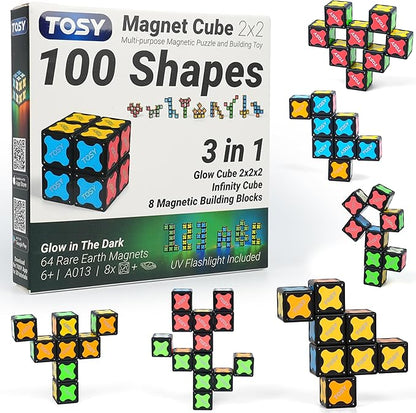 TOSY Magnet Cube 2x2 - 8 Blocks, 2in1 Toy: 2x2x2 Puzzle Cube and Customizable Infinity Cube, Easter Basket Stuffers Gifts for Kids/Grandkids, Glowing with UV Flashlight, Sensory/STEM Toy