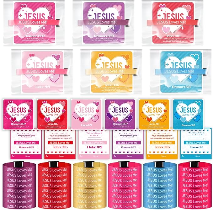 48 Sets Religious Valentine's Day Wristbands Jesus Loves Me Wristband Christian Valentine's Day Friendship Clasp Wristbands with Exchange Cards for Sunday Party Favor Prize