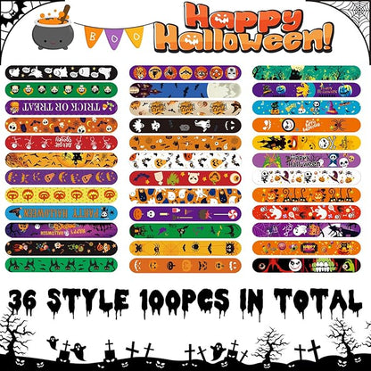 100Pcs Halloween Slap Bracelets, Halloween Party Favors Treat Toys for Kids Girls Boys, Slap Bracelets Bulk for Halloween Party Supplies, Halloween Treat Goodie Bags Gifts