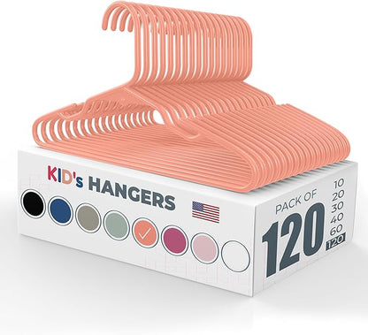 120pk Made in USA Baby Hangers | Kids Hangers for Children's Clothes, Toddler Outfits and Clothing | 20 50 100 Pack Available | Kid Plastic Hanger for Closet and Nursery | Child Kid Hangars (Peach)