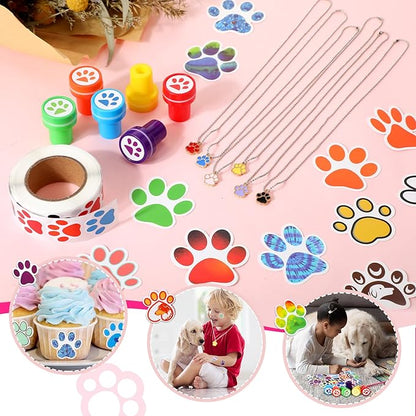 Gejoy 178 Pcs Dog Paw Party Favors Set Includes Paw Straws Cups Silicone Bracelet Keychain Stamper Sticker Pendant Chain Thank You Tag for Boy Girl Dog Theme Party Supplies(Dog Paw)
