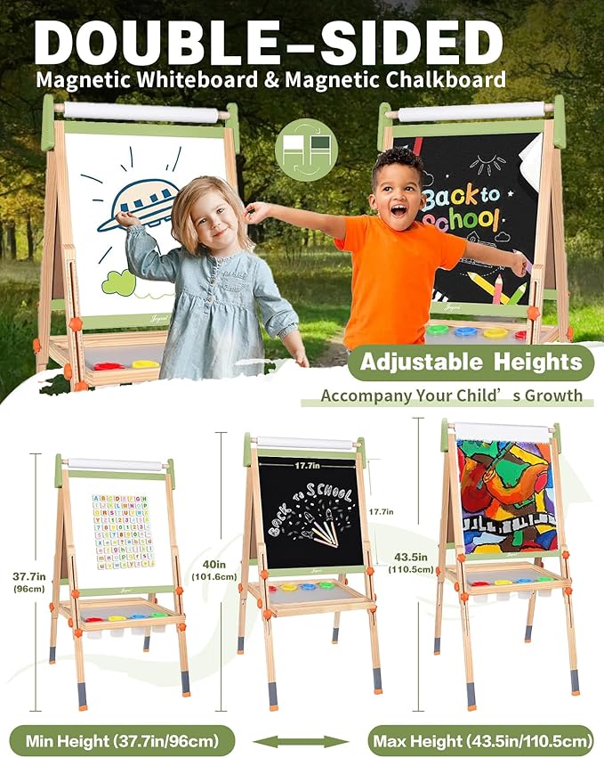 Joyooss Art Easel for Kids, Double-Sided Magnetic Easel for Children with Whiteboard & Chalkboard, Deluxe Standing Easel for Toddler with Paper Roll & Painting Accessories Painting Station for Kids