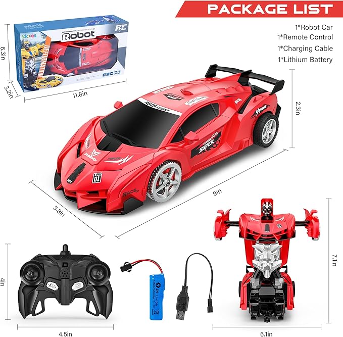 Remote Control Car, Toy for 3-8 Year Old Boys, 360° Rotating RC Deformation Robot Car Toy with LED Light, Transform Robot RC Car Age 3 4 5 6 7 8-12 Years Old for Kids, Boys Girls Birthday Gifts (Red)