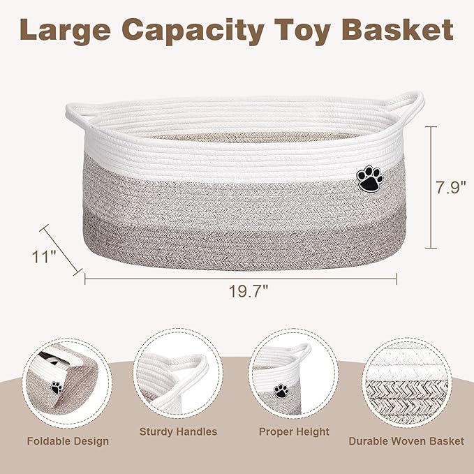 Optish Dog Toy Basket, Toy Box and Bin for Dog Cat Storage, 19.7" X 11" X 7.9" (30L) Large Woven Rope Basket for Blanket Storage, Living Room, Bedroom, White & Brown