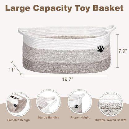 Optish Dog Toy Basket, Toy Box and Bin for Dog Cat Storage, 19.7" X 11" X 7.9" (30L) Large Woven Rope Basket for Blanket Storage, Living Room, Bedroom, White & Brown