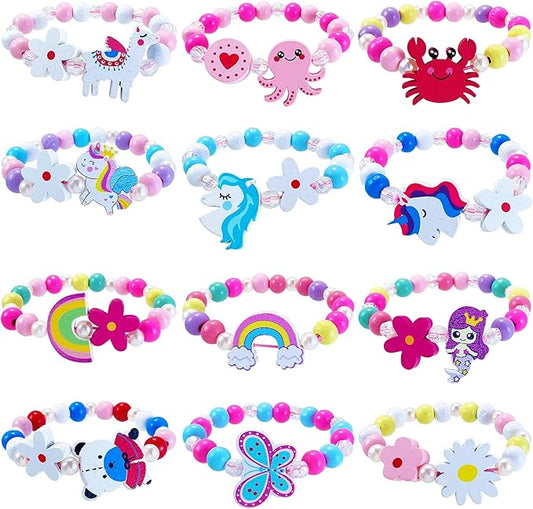 12 PCS Girls Bracelet for Kids Unicorn Mermaid Wooden Beaded Bracelets Birthday Party Favors Goodies Bag Stuffers Fillers Cute Pinata Stuffers Rainbow Butterfly Jewelry Gifts