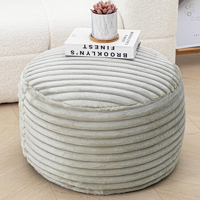 Round Stuffed Pouf Ottoman 20x20x12 Inches Faux Fur Ottoman Foot Rest Under Desk Foot Stool Great for Living Room Bedroom Small Furniture (Light Gray Pouf with Filler)