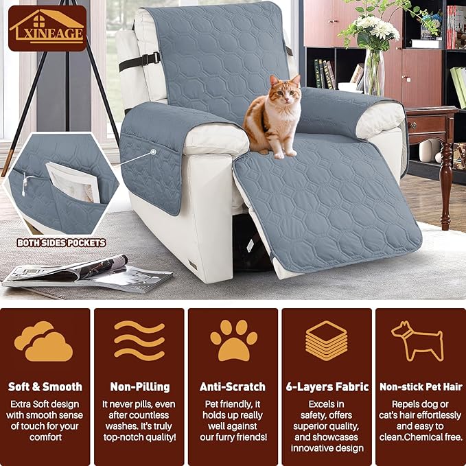 XINEAGE 100% Waterproof Recliner Chair Cover, Non Slip Covers for Recliner Chair with Pocket, Washable Dog Recliner Couch Cover with Elastic Straps (Grayish Blue, 23.6")