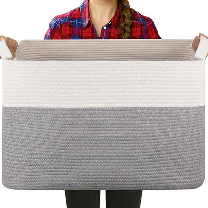 Extra Large Laundry Basket, 95L Blanket Basket for Living Room, Cotton Rope Toy Storage for Kids, Woven Baskets for Clothes, Towels, Pillows, 24" x 17" x 14", Grey and White