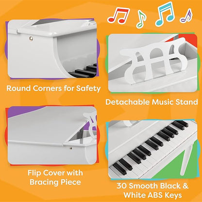 Kids Piano - 30 Key Mini Grand Piano with Music Stand, Bench, and Note Stickers - for Beginners - Instruments for Kids by Hey Play (White)