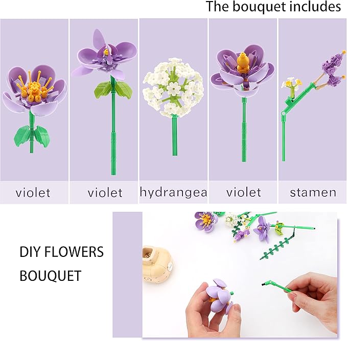 Purple Flower Bouquet Building Blocks Set Violet with Vase for Friends (Adults or Kids Age of 8+) Mini Bricks Botanical Collection Bonsai Tree Plants Ornament Sets for Girls or Women 539PCS