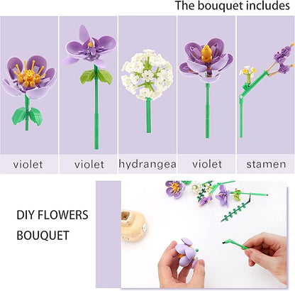 Purple Flower Bouquet Building Blocks Set Violet with Vase for Friends (Adults or Kids Age of 8+) Mini Bricks Botanical Collection Bonsai Tree Plants Ornament Sets for Girls or Women 539PCS