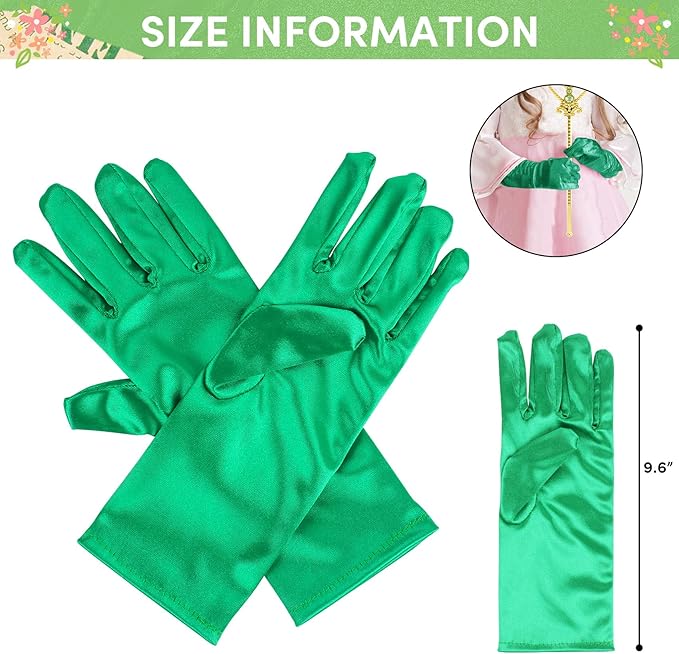 Princess Dress Up Accessories Gold Crown and Wand Set with Girls Jewelry Necklace Gloves Bracelet Princess Costume Accessories Set for Little Girls Party Birthday and Halloween(Green,Set of 5)