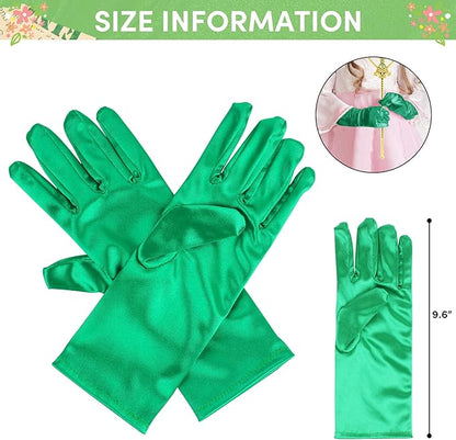 Princess Dress Up Accessories Gold Crown and Wand Set with Girls Jewelry Necklace Gloves Bracelet Princess Costume Accessories Set for Little Girls Party Birthday and Halloween(Green,Set of 5)