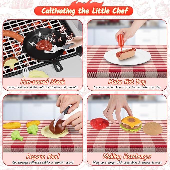 Kids Toys Kitchen Playset, Kids BBQ Grill Playset with Smoke, Sound & Light, Toy Grill for Kids, Pretend Play Food Hamburger, Interactive Toys Barbecue Cooking Game for Toddlers Boys Girls 3-5