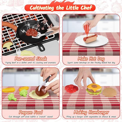 Kids Toys Kitchen Playset, Kids BBQ Grill Playset with Smoke, Sound & Light, Toy Grill for Kids, Pretend Play Food Hamburger, Interactive Toys Barbecue Cooking Game for Toddlers Boys Girls 3-5