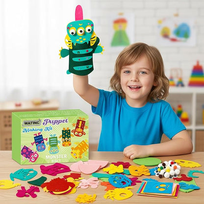 WATINC 6Pcs Hand Puppet Making Kit, Art Craft Felt Sock Puppet Toys, Creative DIY Make Your Own Pompoms Wiggle Googly Eyes Storytelling Role Play Party Supplies Gift for Girls Boys(Monster A)