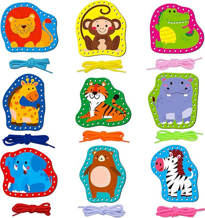 9 Pieces Kids Lacing Cards, Double Sided Sewing Cards in 9 Wild Animals with 9 Colorful Laces, Imagination Development Lacing Toys Games for Children Educational and Learning Activity