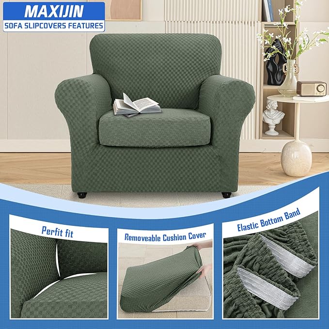 MAXIJIN 2 Piece Jacquard Chair Covers with Arms Super Stretch Non Slip Chair Slipcover for Living Room Dogs Pet Friendly Elastic Sofa Couch Protector Armchair Cover (Chair, Army Green)