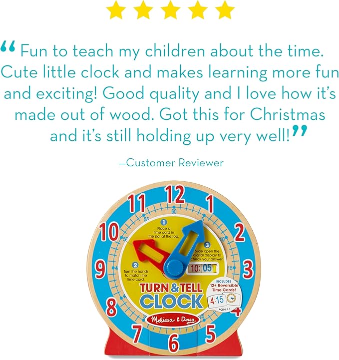 Melissa & Doug Turn & Tell Wooden Clock - Educational Toy With 12+ Reversible Time Cards , Red