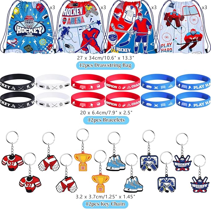 36 PCS Hockey Party Favors Set Include 12 Hockey Drawstring Bag, 12 Hockey Silicone Bracelet, 12 Hockey Motivational Keychain for Ice Hockey Sports Party Birthday Gift Supplies