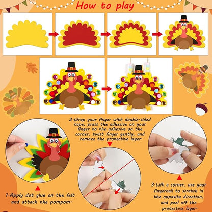 24Pcs Thanksgiving Crafts for Kids - Fall Turkey DIY Felt Art Kits Bulk Toys for Classroom Activities Party Games Ages 3-5, 4-8, 8-12