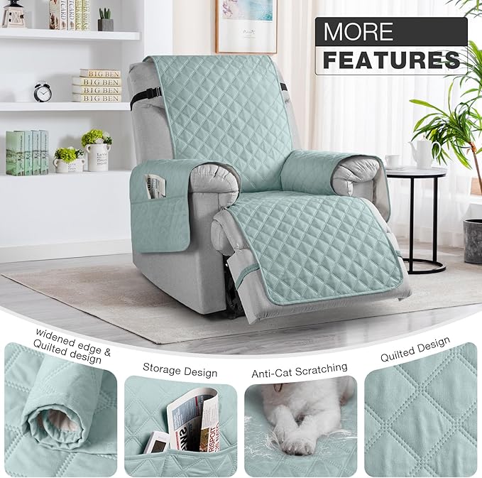 TAOCOCO Non-Slip Recliner Chair Cover Sofa Slipcover, Pet Cover for Large Recliner with Elastic Straps, Washable Chair Seat Cover Recliner Chair Furniture Protector (28'' Oversized, Mint)