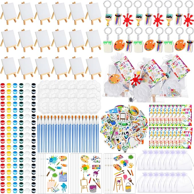 HyDren Paint Party Favors Include Mini Watercolor Paint Set Small Painting Canvas with Easel Palette Brush Paint Stickers Tattoo Sticker Keychain for Class Birthday Art Party(Novel Style,222 Pcs)