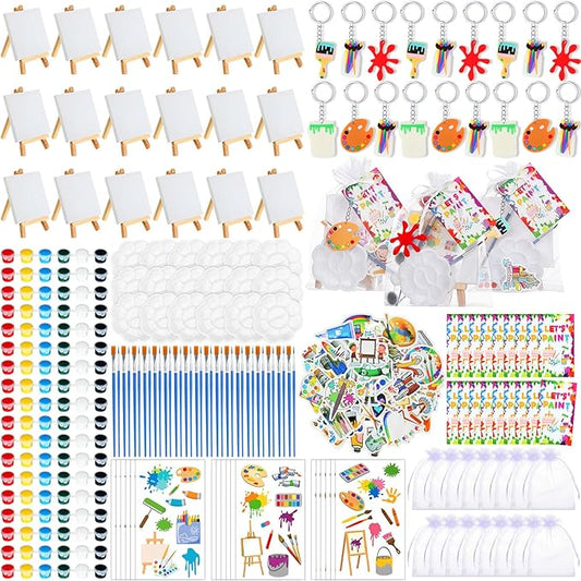 HyDren Paint Party Favors Include Mini Watercolor Paint Set Small Painting Canvas with Easel Palette Brush Paint Stickers Tattoo Sticker Keychain for Class Birthday Art Party(Novel Style,222 Pcs)