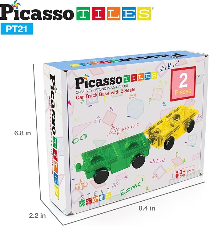 PicassoTiles 2pcs Magnetic Tiles Expansion Car Truck Building Blocks Compatible Set, Kids Magnet Bricks STEM Learning Toys, Magnetic Add-ons, Car Toys, Toddler Preschool 3 Years and up Boys and Girls