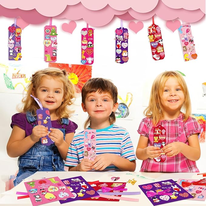 JUNEBRUSHS 30 Pack Valentines Crafts for Kids, Valentine's Day Bookmarks Craft Kits with Assorted Hearts Animal Stickers for Kids Classroom Game Activities Valentines Day Gift Exchange