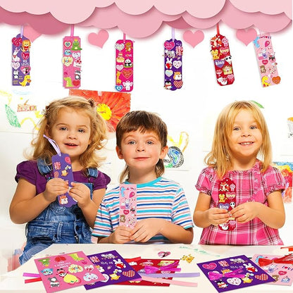 JUNEBRUSHS 30 Pack Valentines Crafts for Kids, Valentine's Day Bookmarks Craft Kits with Assorted Hearts Animal Stickers for Kids Classroom Game Activities Valentines Day Gift Exchange