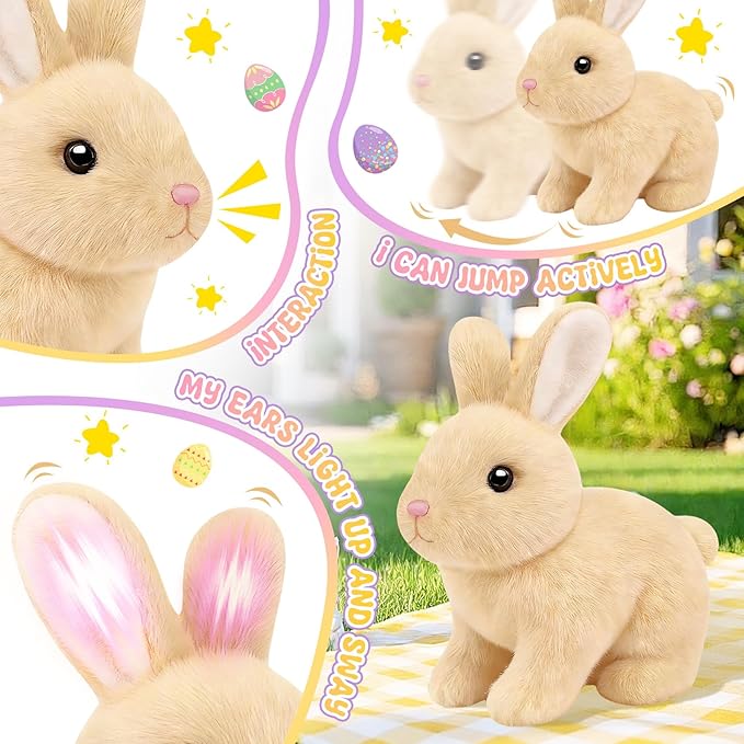 Realistic Bunny for Kids - Interactive Hopping Bunny Toy Set with Headband, Electric Lifelike Robot Rabbit that Move, Walking Barking and Wagging Tail Bunby Stuffed Animal with Sounds,Brown