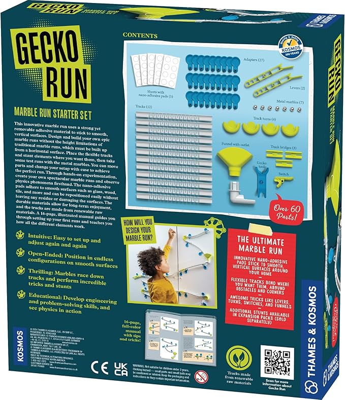 Gecko Run Marble Run Starter Set by Thames & Kosmos, Toy of The Year Finalist - 63 Piece Vertical Marble Run, Flexible Tracks | Fast, No-Mess Setup, Residue-Free Nano-Adhesive Pads, Creative Play