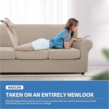 MAXIJIN 3 Piece Jacquard Couch Covers for 2 Cushion Couch Stretch Non Slip Love Seat Couch Cover for Dogs Pet Friendly Elastic Furniture Protector Loveseat Slipcovers (Loveseat, Khaki)