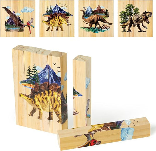 CJiangpo Wooden Dinosaur Chunky Puzzles - 4 in 1 Woodland Dinosaur Puzzle Blocks Sensory Toys for Toddlers 2+ Years, Realistic Animals Building Block Stacking Educational Toy Game for Boy Girl