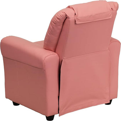 Flash Furniture Vana Vinyl Kids Recliner with Cup Holder, Headrest, and Safety Recline, Contemporary Reclining Chair for Kids, Supports up to 90 lbs., Pink