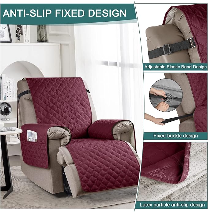 Ruaozz 100% Waterproof Recliner Chair Cover Non-Slip Oversized Reclining Cover for Large Recliner Chair Washable Chair Seat Cover with Elastic Straps for Kids, Dogs, Pets (Wine, 28'')