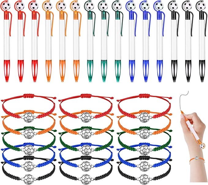 Sabary 30 Pcs Sport Theme Party Favors Set, 15 Pcs Soccer Pens 15 Pcs Soccer Theme Bracelets Ballpoint Pens Adjustable Bracelet Sport Party Gifts for Kids Teens Team Members (Multicolor)