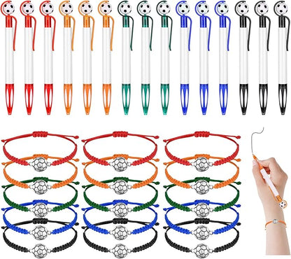 Sabary 30 Pcs Sport Theme Party Favors Set, 15 Pcs Soccer Pens 15 Pcs Soccer Theme Bracelets Ballpoint Pens Adjustable Bracelet Sport Party Gifts for Kids Teens Team Members (Multicolor)