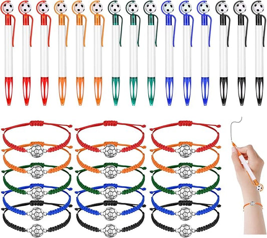 Sabary 30 Pcs Sport Theme Party Favors Set, 15 Pcs Soccer Pens 15 Pcs Soccer Theme Bracelets Ballpoint Pens Adjustable Bracelet Sport Party Gifts for Kids Teens Team Members (Multicolor)