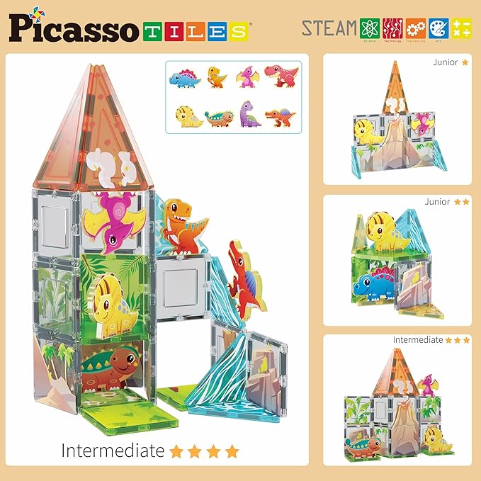 PicassoTiles Magnet Tiles Building Blocks Dinosaur Theme Set with 8 Magnetized Action Figures Magnetic Construction Build and Play Toys with Magnets STEM Learning Activities for Toddlers 3+ PTQ13