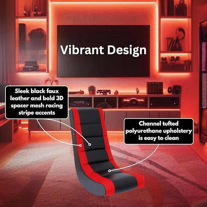 The Crew Furniture Classic Video Rocker Floor Gaming Chair, Kids and Teens, Racing Stripe PU Faux Leather & Polyester Mesh, Black/Red