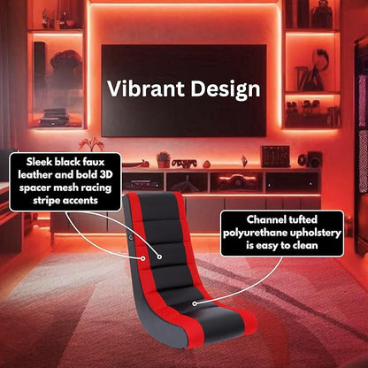 The Crew Furniture Classic Video Rocker Floor Gaming Chair, Kids and Teens, Racing Stripe PU Faux Leather & Polyester Mesh, Black/Red