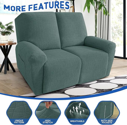 MAXIJIN Waterproof Loveseat Recliner Cover 4 Pieces Reclining Love Seat Slipcvers, Recliner Sofa Cover 2 Seater with Elastic Straps & Pockets for Pet, Kids (Loveseat Recliner, Pea Green)