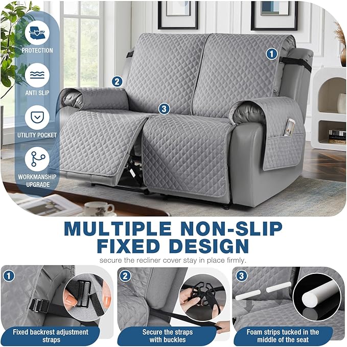 TAOCOCO Loveseat Recliner Cover Non-Slip Sofa Slipcover, Pet Cover for Loveseat Recliner with Elastic Straps, Washable Reclining Loveseat Cover Recliner Furniture Protector (2 Seater, Light Gray)