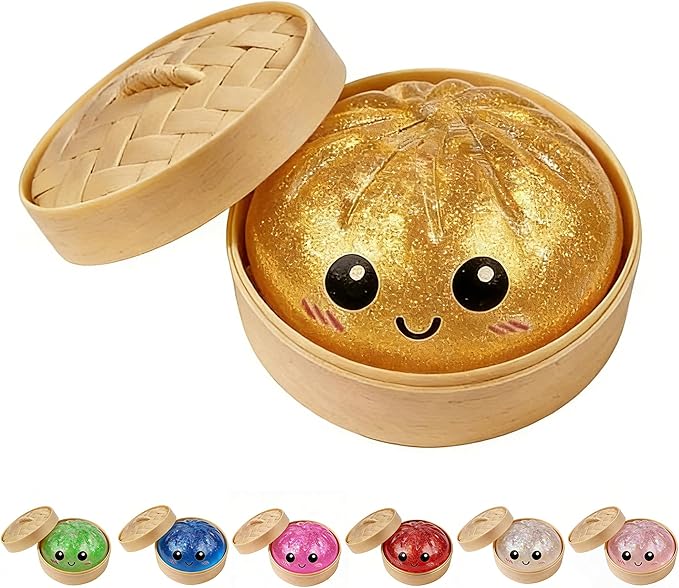 Dumpling Squishies, Glitter Dumpling Mystery Box, Colorful Dumplings Stress Balls Toy, Stocking Stuffers with Food Steamer Stretchy Desk Toys (Golden)